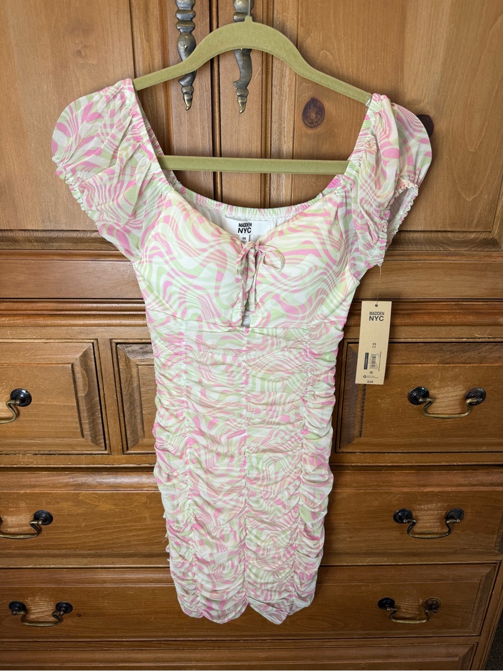 NWT Madden NYC Pink, Green and White Swirl Ruched Mini Dress